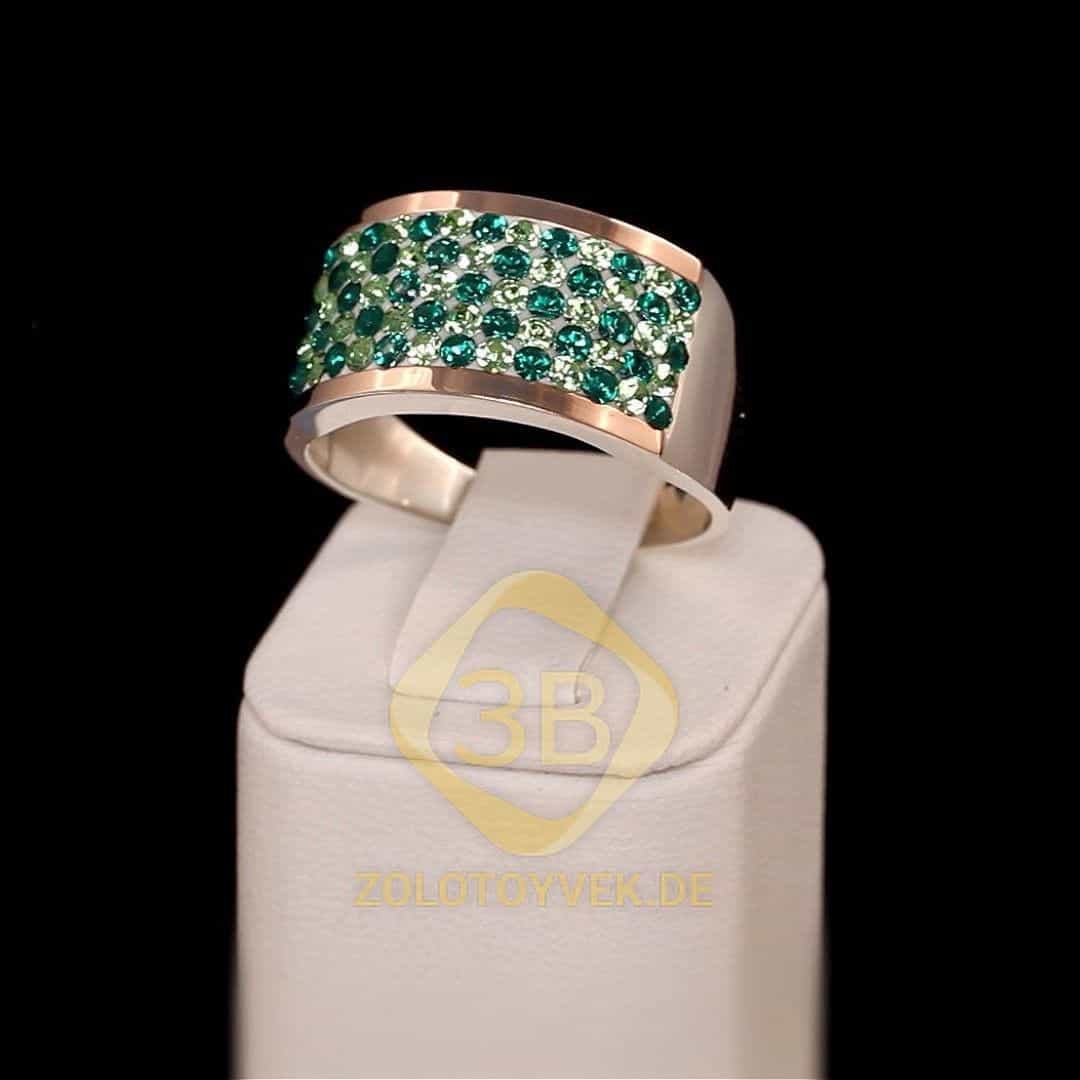 Серебряное кольцо со вставками золота, изумрудным и хризолитовым бриллианитами