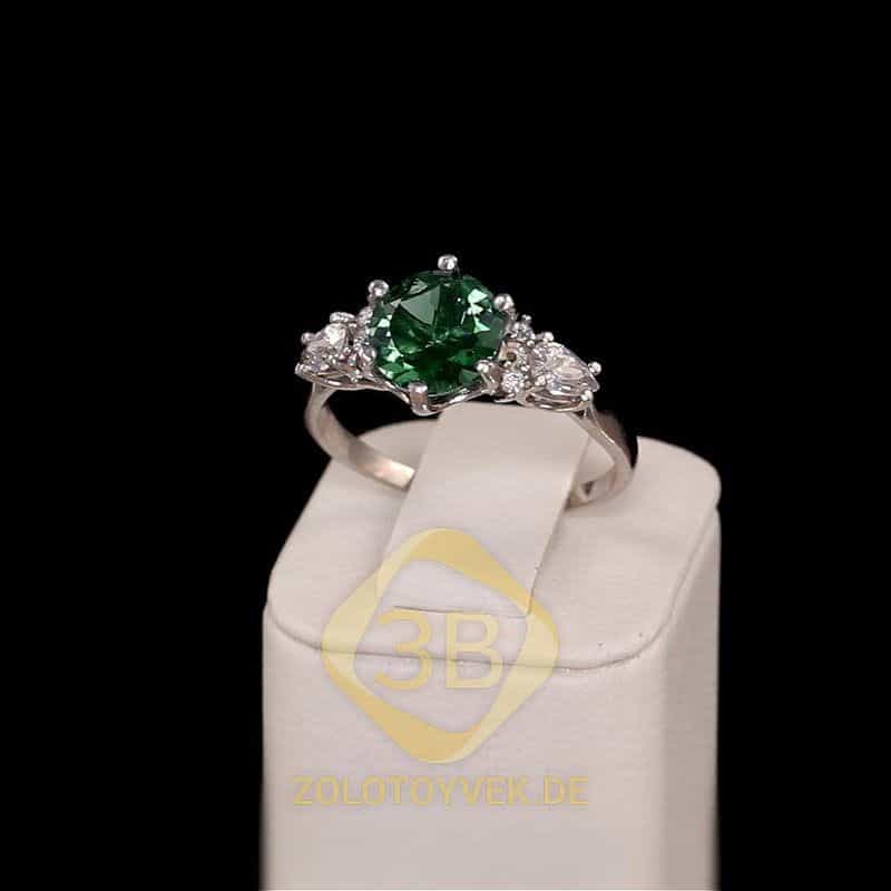 Серебряное кольцо с зеленым кварцем и фианитами, покрытие Родий