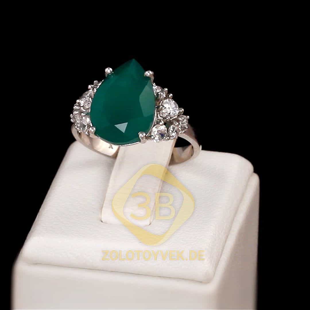 Серебряное кольцо с зеленым агатом и фианитами, покрытие Родий