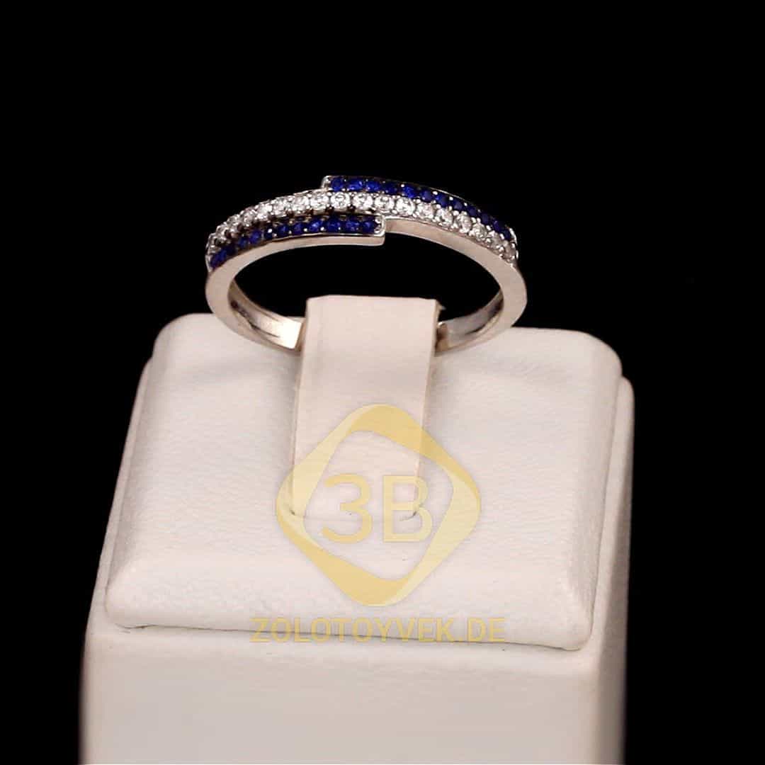 Серебряное кольцо с синими и белыми фианитами, покрытие Родий