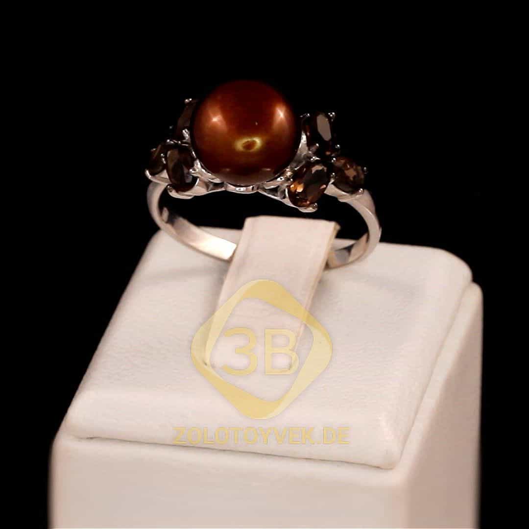 Серебряное кольцо с культивированным жемчугом и дымчатым кварцем, покрытие Родий