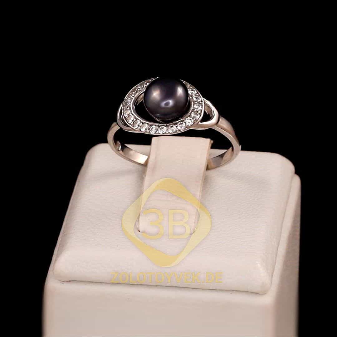Серебряное кольцо с черным культивированным жемчугом и фианитами, покрытие Родий