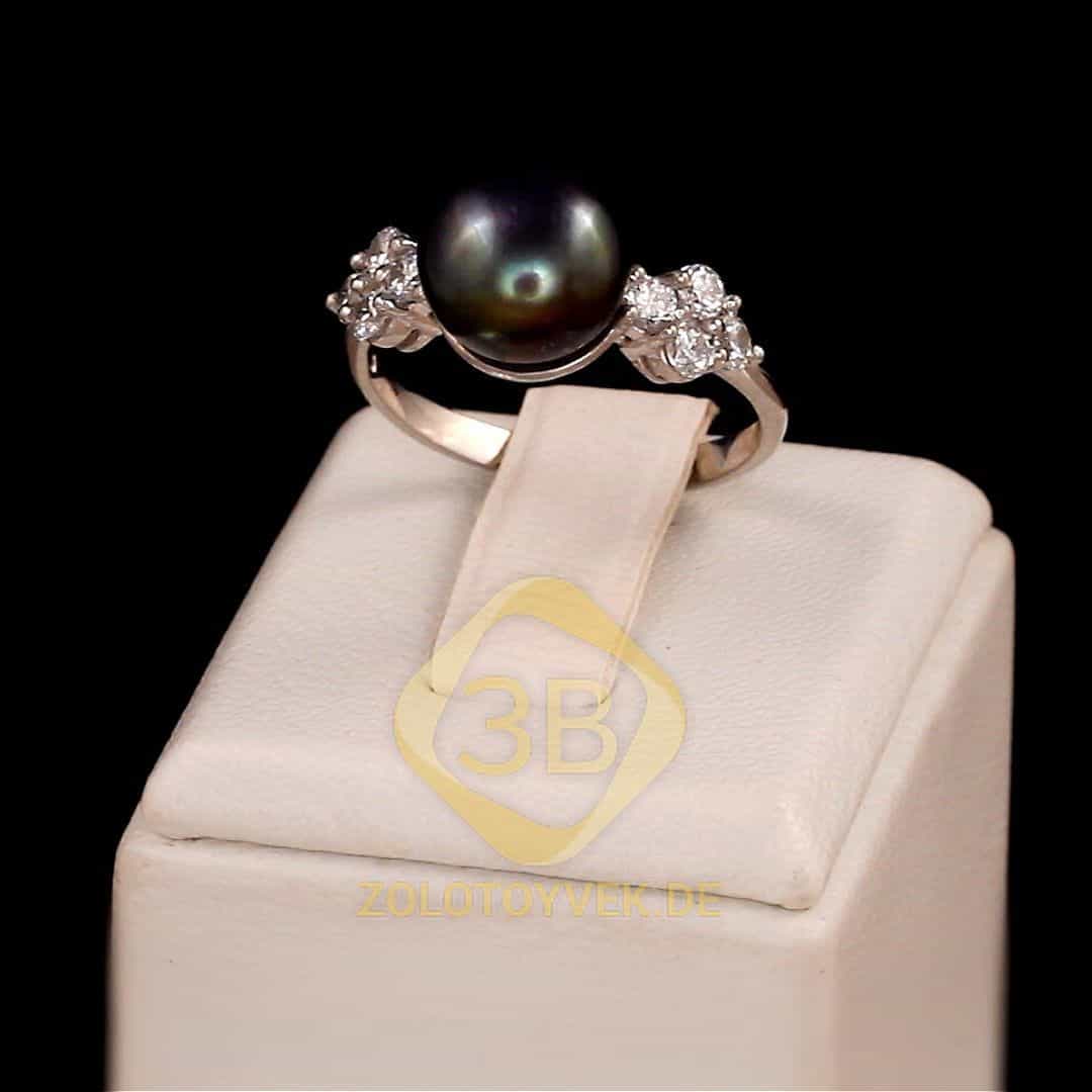 Серебряное кольцо с черным культивированным жемчугом и фианитами, покрытие Родий