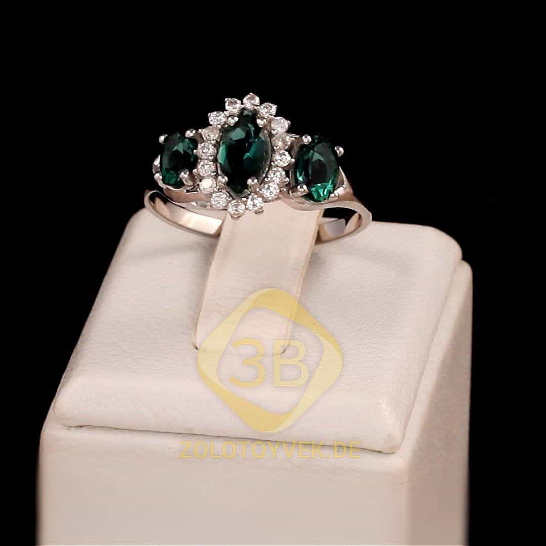 Серебряное кольцо с зеленым кварцем и фианитами, покрытие Родий