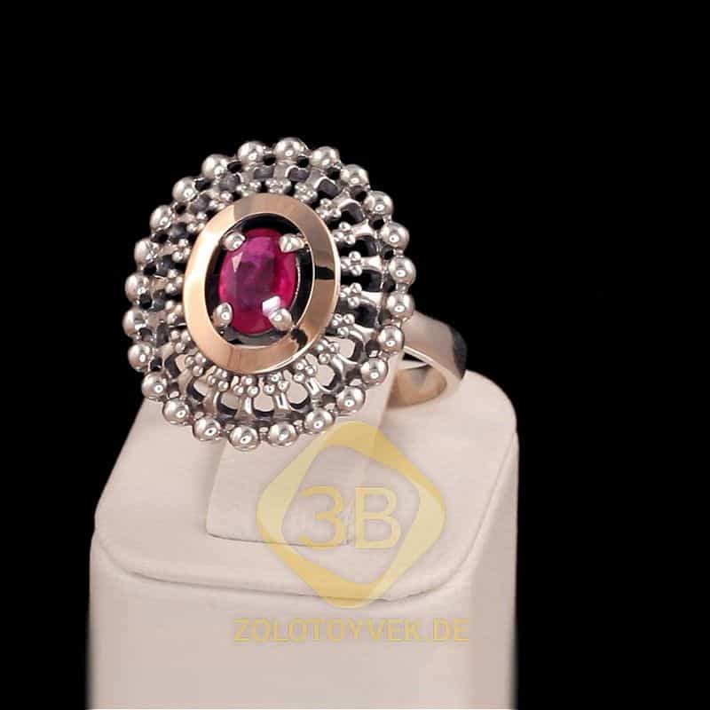 Серебряное кольцо со вставками золота, рубином и фианитами, покрытие Родий