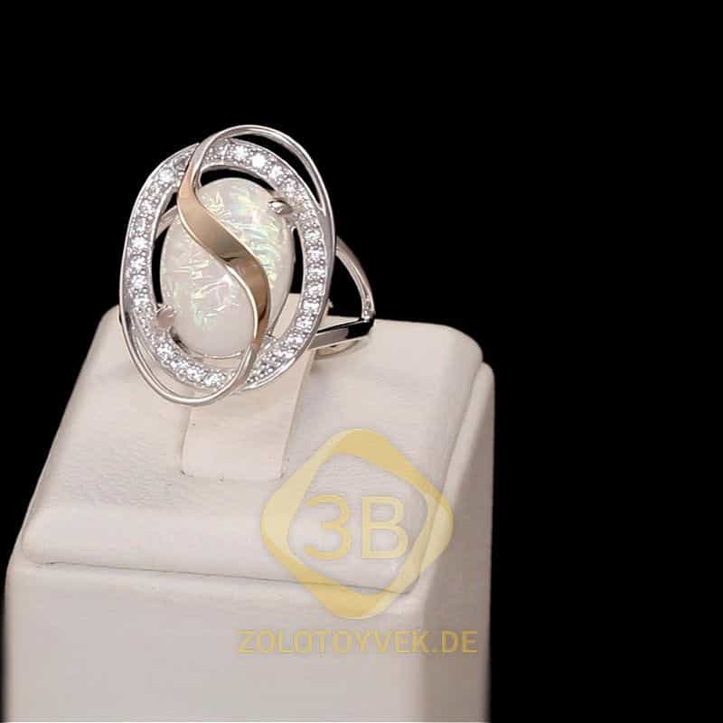 Серебряное кольцо со вставками золота, им.опалом и фианитами, покрытие Родий