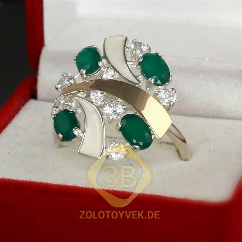 Серебряное кольцо со вставками золота, зеленым агатом, французской белой эмалью и фианитами, покрыти