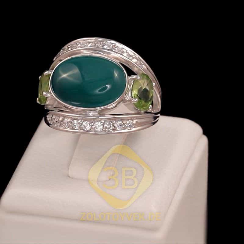 Серебряное кольцо c зеленым агатом, хризолитом и фианитами, покрытие Родий