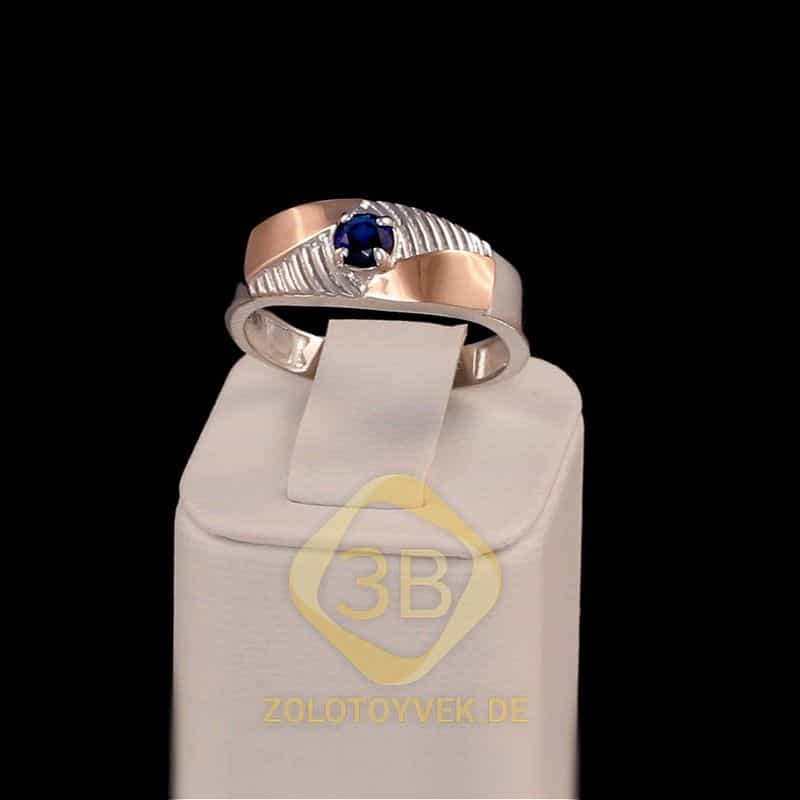 Серебряное кольцо со вставками золота,сапфировым бриллианитомпокрытие Родий