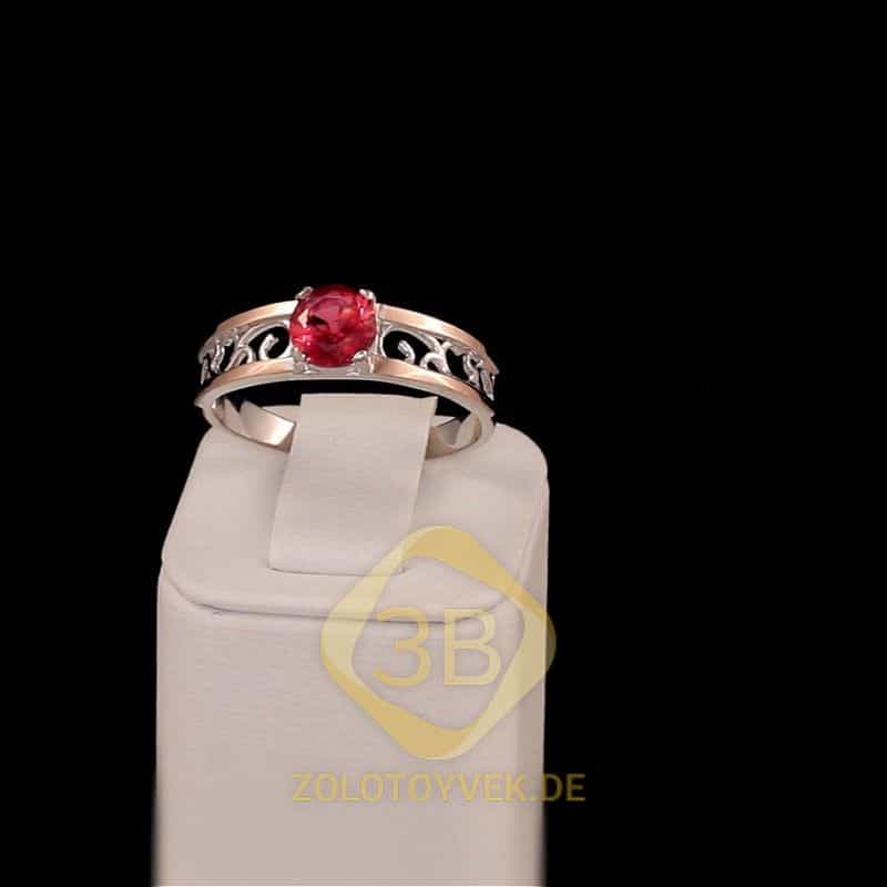 Серебряное кольцо со вставками золота, рубиновым бриллианитом, покрытие Родий