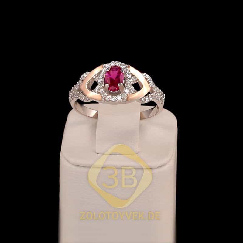 Серебряное кольцо со вставками золота, рубиновым бриллианитом и фианитами, покрытие Родий
