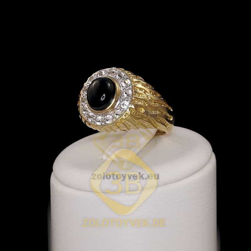 Серебряное кольцо с позолотой, ониксом и белым топазом, покрытие Родий