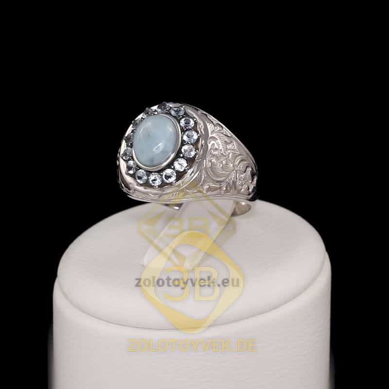 Серебряное кольцо с ларимаром и топазом Swiss Blue, покрытие Родий