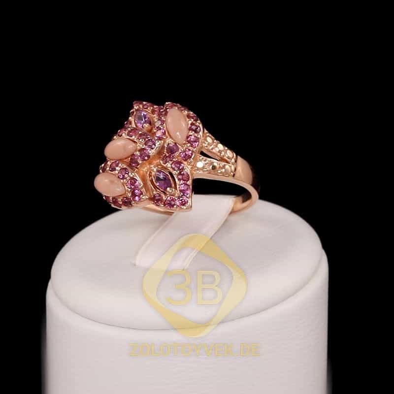 Серебряное кольцо с позолотой, розовым опалом, аметистом и родолитом, покрытие Родий