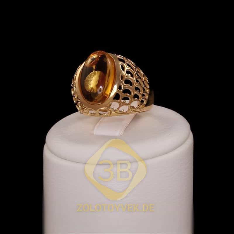 Серебряное кольцо с позолотой и янтарем ,покрытие Родий