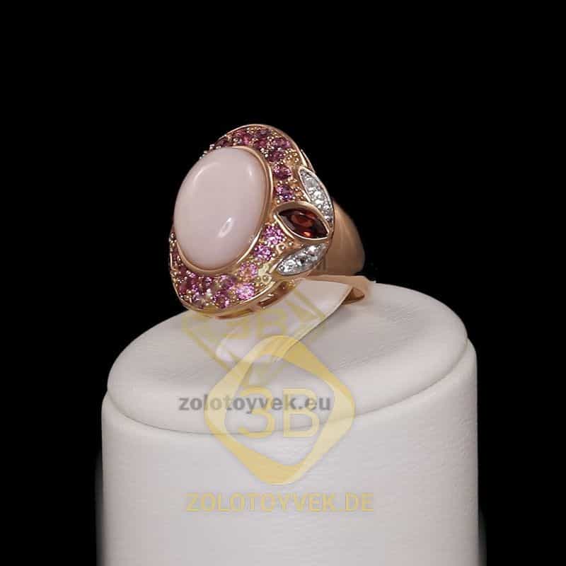 Серебряное кольцо с позолотой, розовым опалом, гранатом, родолитом и белым топазом, покрытие Родий