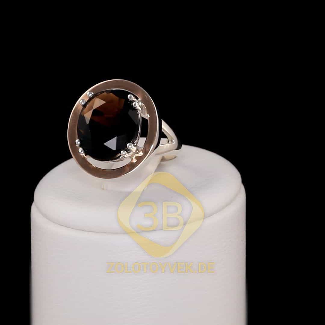 Серебряное кольцо со вставками золота и дымчатым альпинитом, покрытие Родий