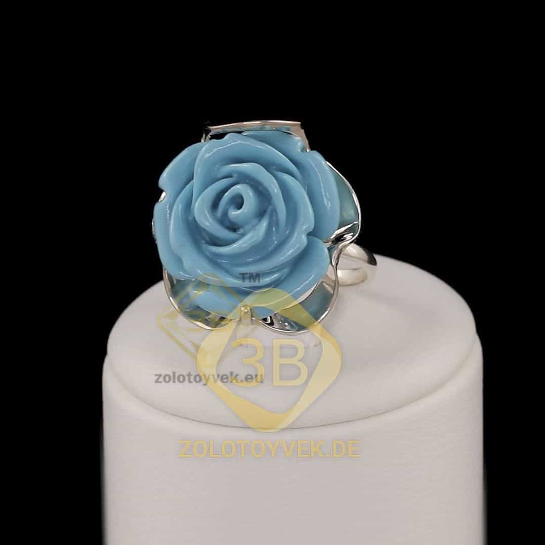 Серебряное кольцо со вставками золота и голубыми керамическими цветами, покрытие Родий