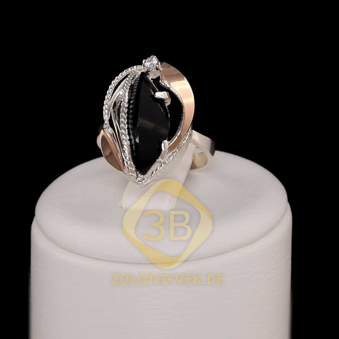 Серебряное кольцо со вставками золота, им.оникса и фианитами, покрытие Родий