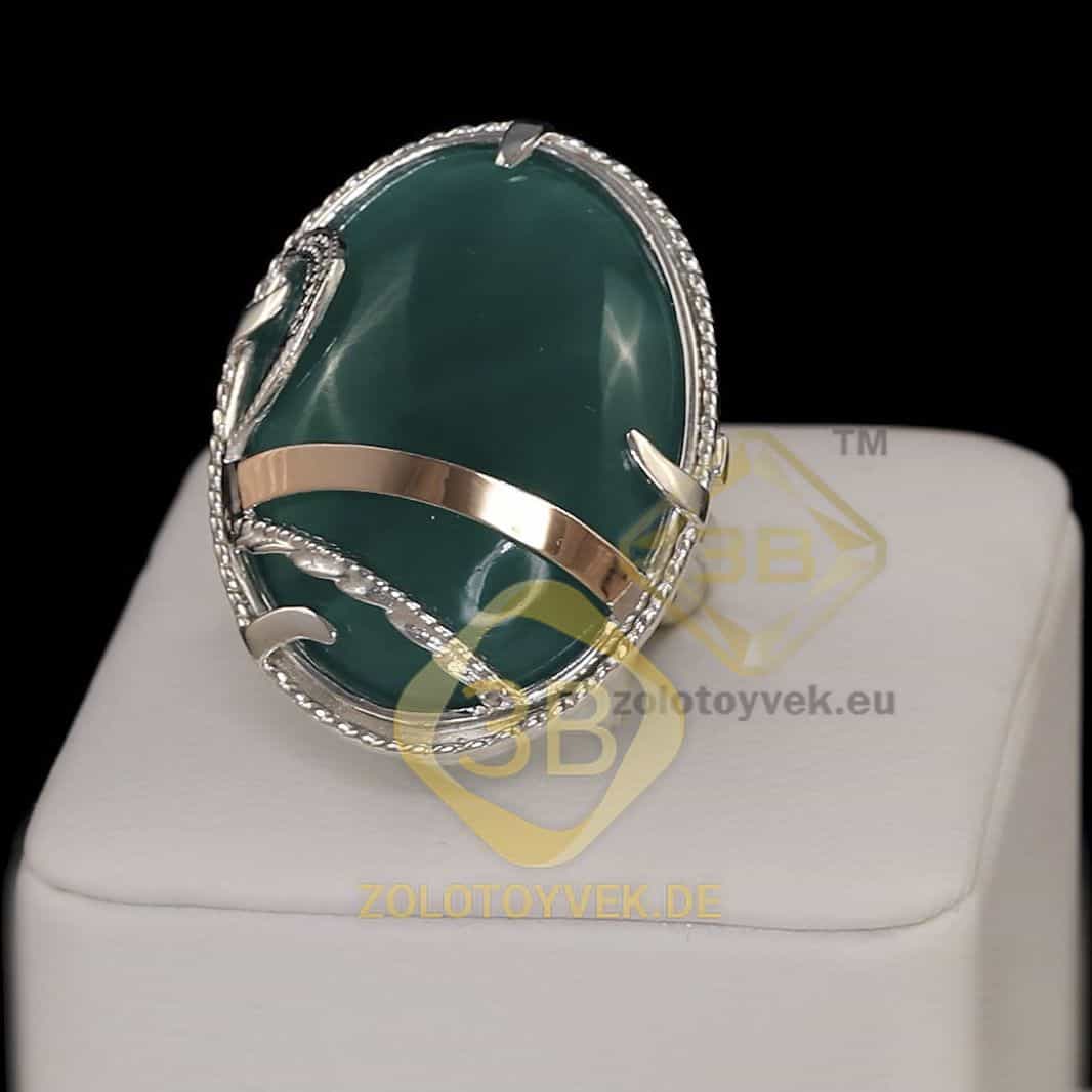 Серебряное кольцо со вставками золота и хризопразом, покрытие Родий