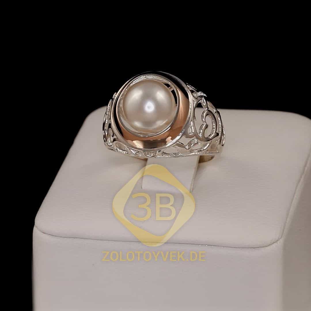 Серебряное кольцо со вставками золота и белым культивированным жемчугом, покрытие Родий