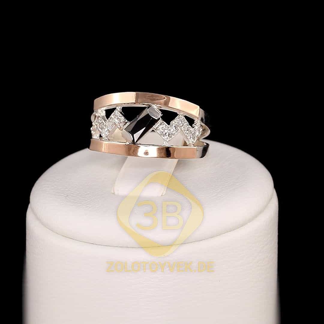 Серебряное кольцо со вставками золота, черным бриллианитом и фианитами, покрытие Родий