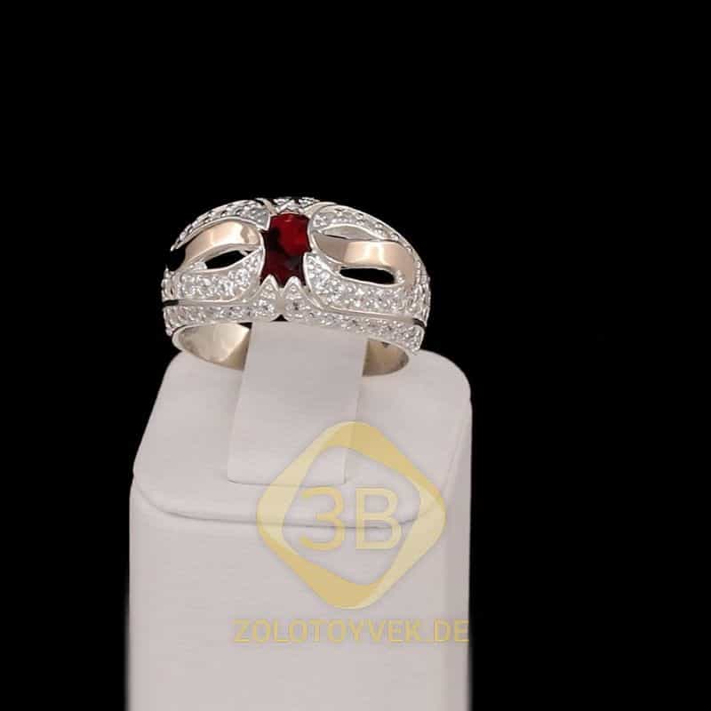 Серебряное кольцо со вставками золота, гранатовым брилианитом и фианитами,покрытие Родий