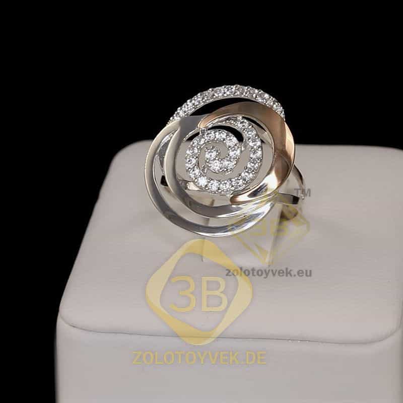 Серебряное кольцо со вставками золота и фианитами,покрытие Родий