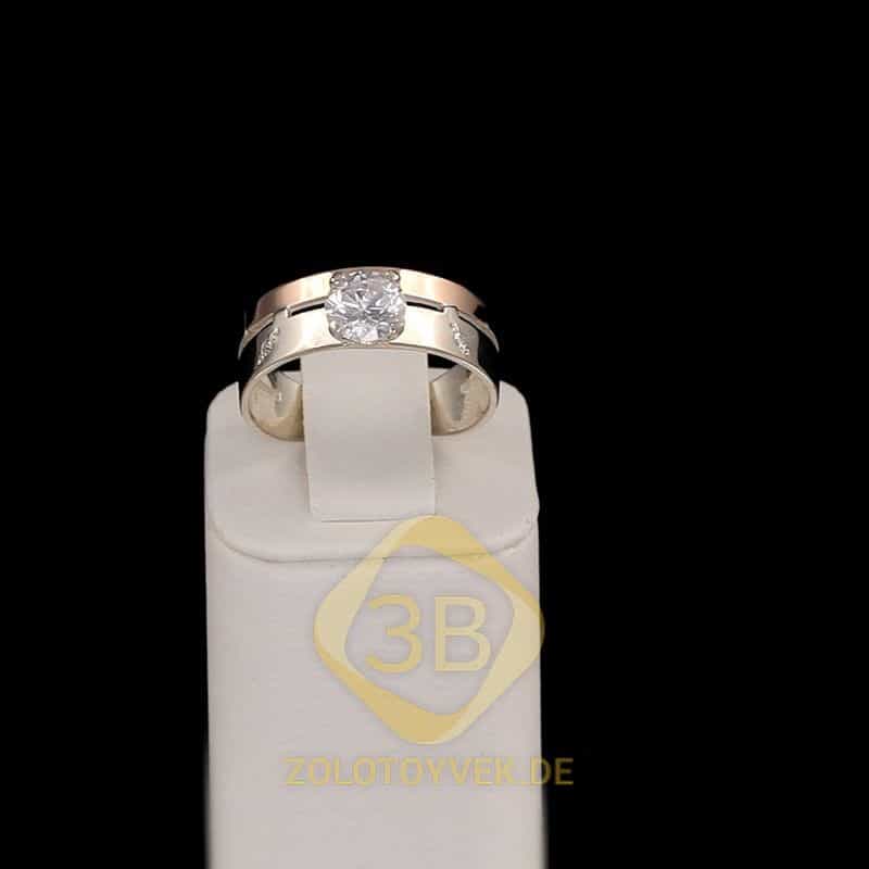 Серебряное кольцо со вставками золота, белым брилианитом и фианитами,покрытие Родий