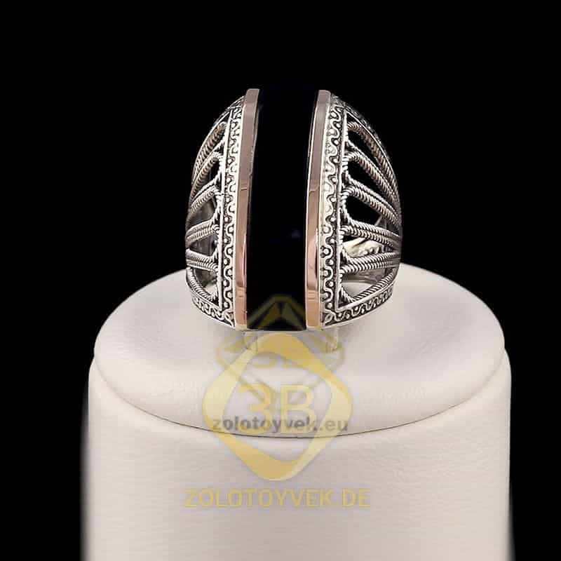 Серебряное кольцо со вставками золота и им. ониксом, покрытие Родий