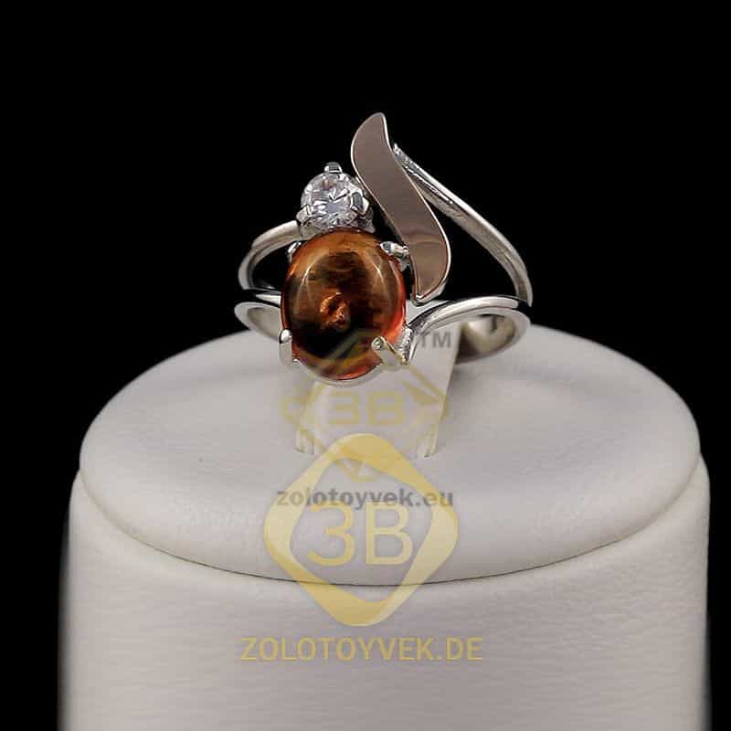 Серебряное кольцо со вставками золота, янтарем и фианитом, покрытие Родий