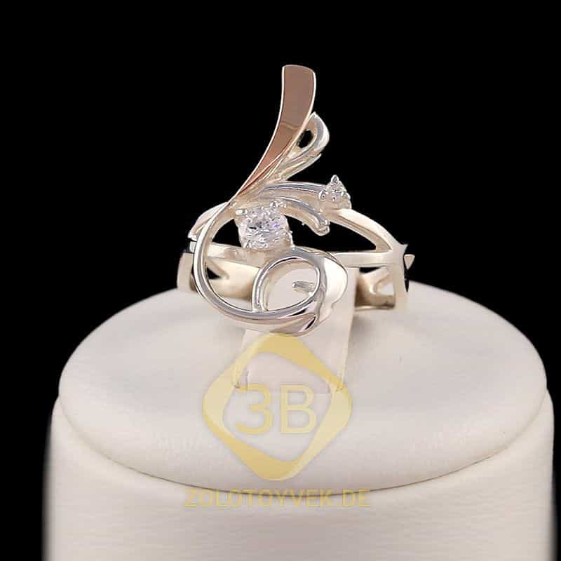 Серебряное кольцо со вставками золота, белым брилианитом и фианитом,покрытие Родий