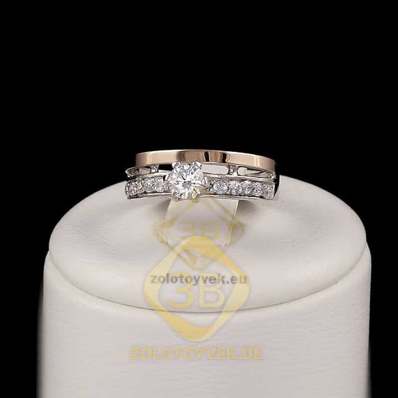 Серебряное кольцо со вставками золота, белым брилианитом и фианитом, покрытие Родий