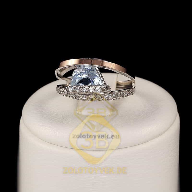 Серебряное кольцо со вставками золота, голубым топазом и фианитами, покрытие Родий