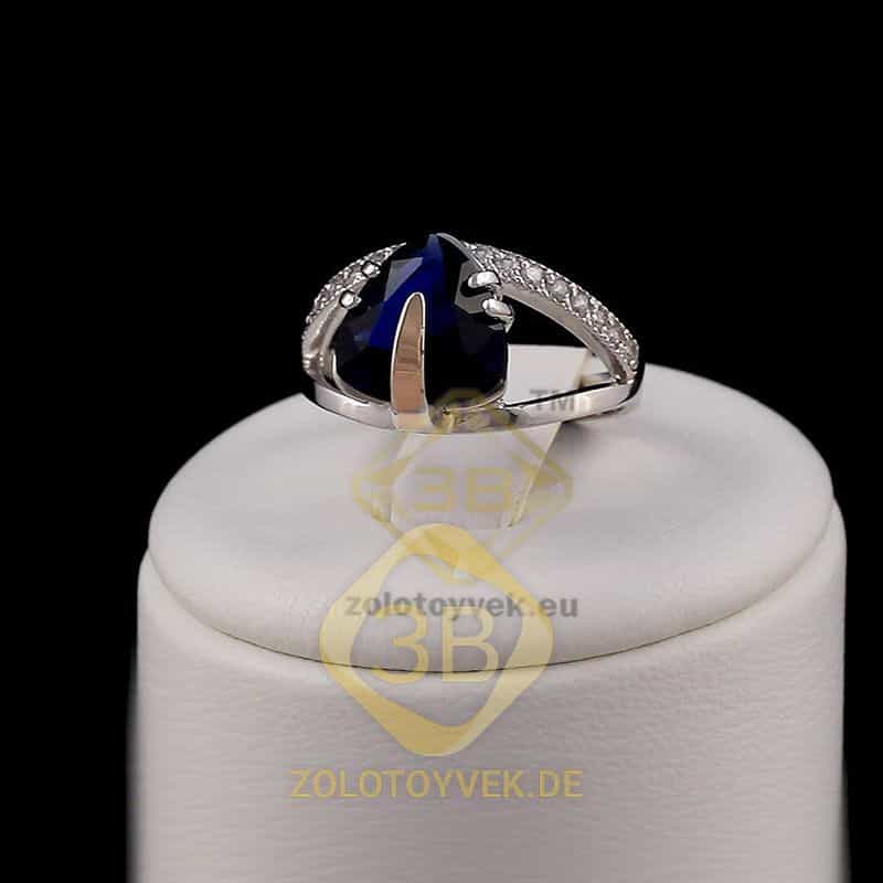 Серебряное кольцо со вставками золота, сапфировым бриллианитом и фианитом, покрытие Родий
