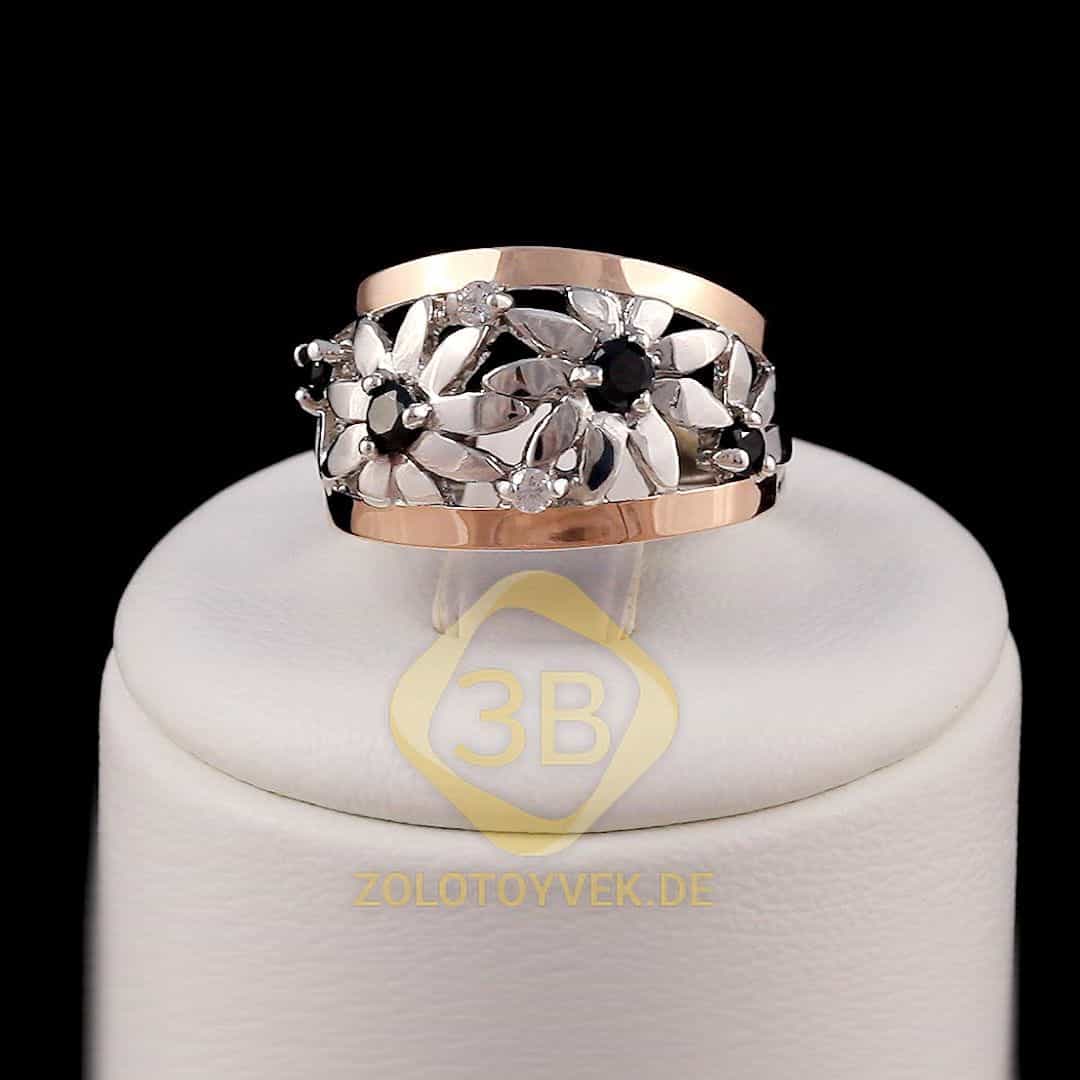Серебряное кольцо со вставками золота, черным брилианитом и фианитами, покрытие Родий