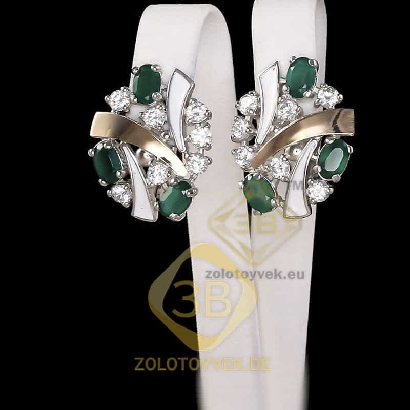 Серебряные серьги со вставками золота, зеленым агатом, французской белой эмалью и фианитами, покрыти