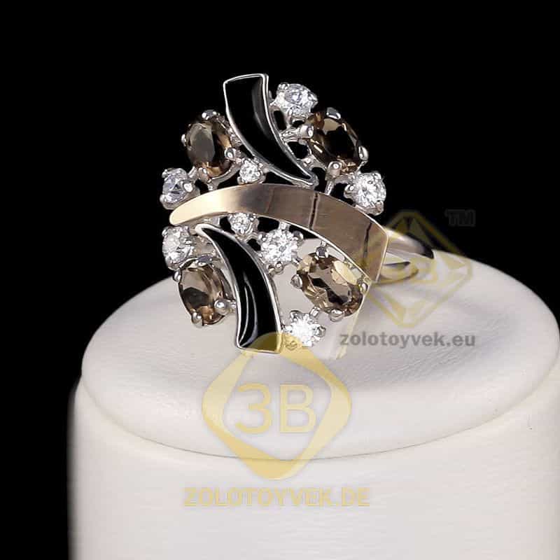 Серебряное кольцо со вставками золота, раутопазом, французской черной эмалью и фианитами, покрытие Р