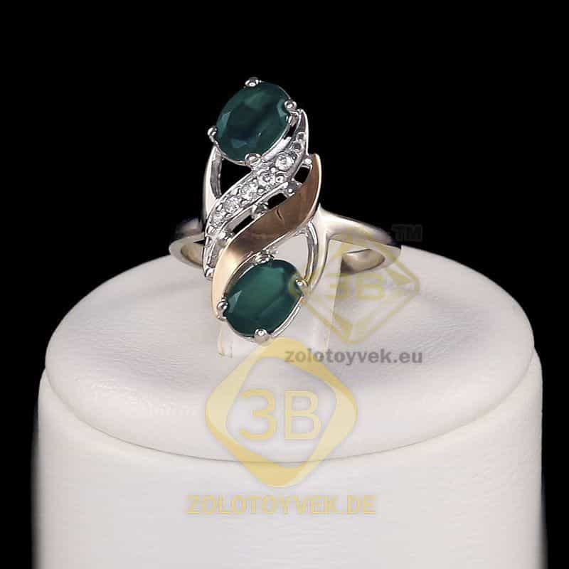 Серебряное кольцо со вставками золота, зеленым агатом и фианитами, покрытие Родий