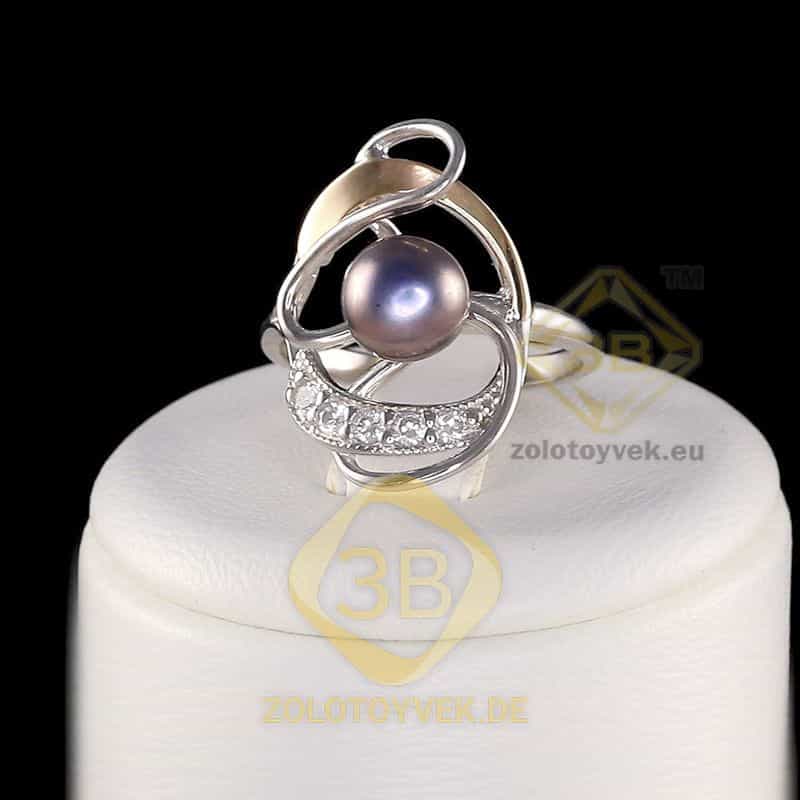 Серебряное кольцо со вставками золота, черным культивированным жемчугом и фианитами, покрытие Родий