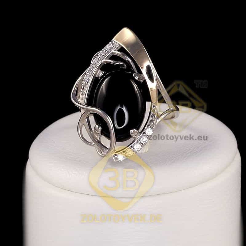 Серебряное кольцо со вставками золота, ониксом и фианитами, покрытие Родий
