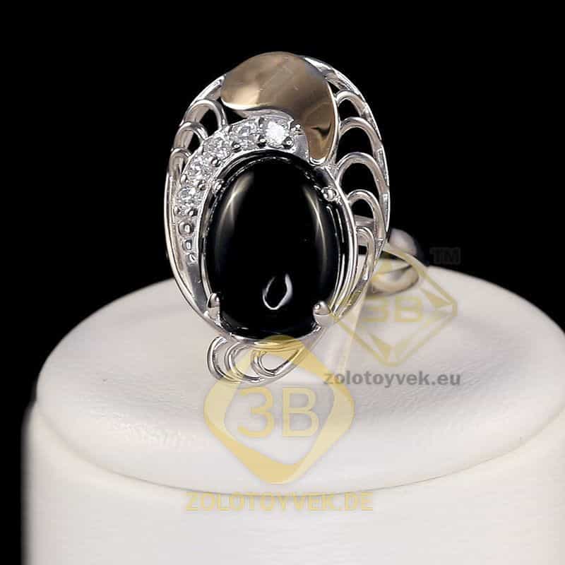 Серебряное кольцо со вставками золота, ониксом и фианитами, покрытие Родий