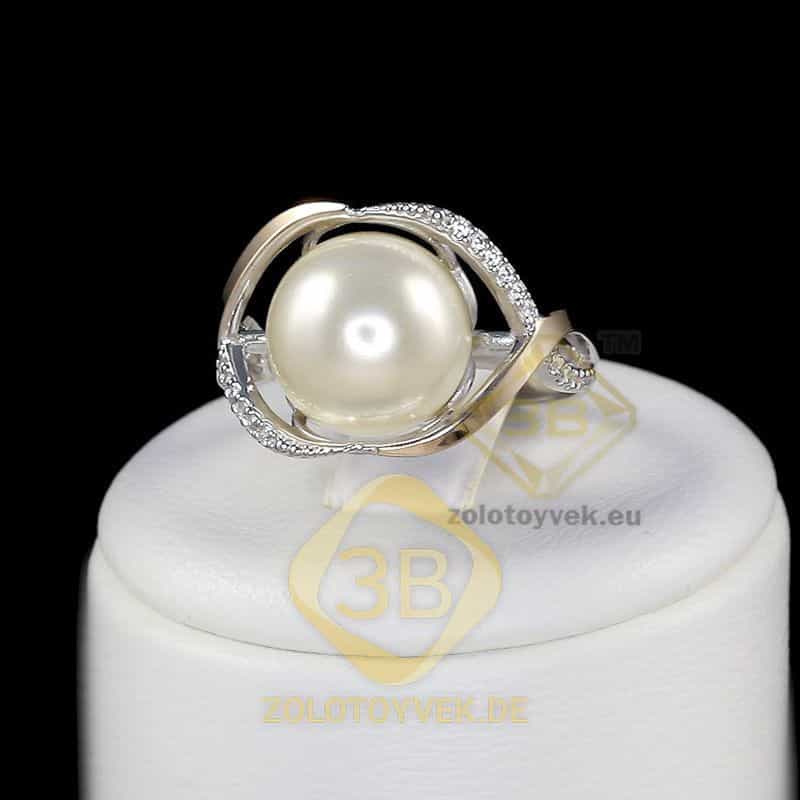 Серебряное кольцо со вставками золота, белым жемчугом 