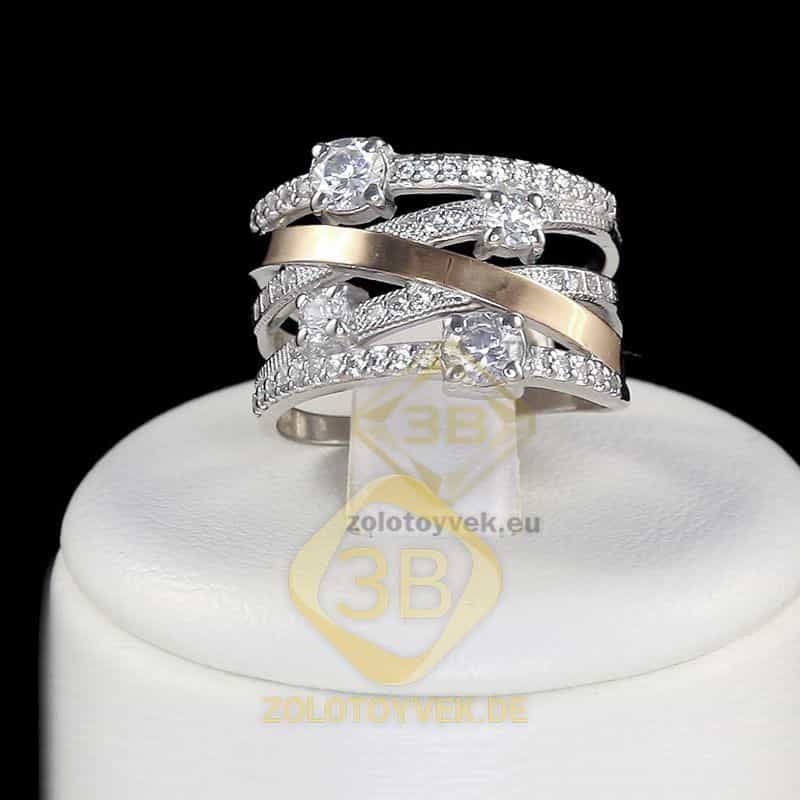 Серебряное кольцо со вставками золота, белым брилианитом и фианитами, покрытие Родий