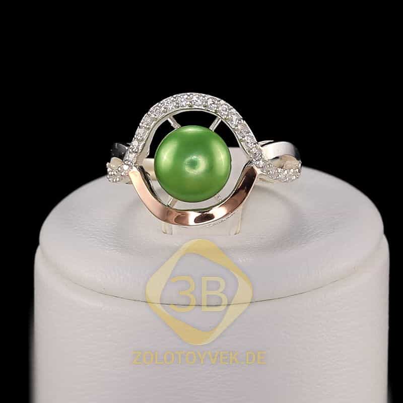 Серебряное кольцо со вставками золота, зеленым культивированным жемчугом и фианитами, покрытие Родий