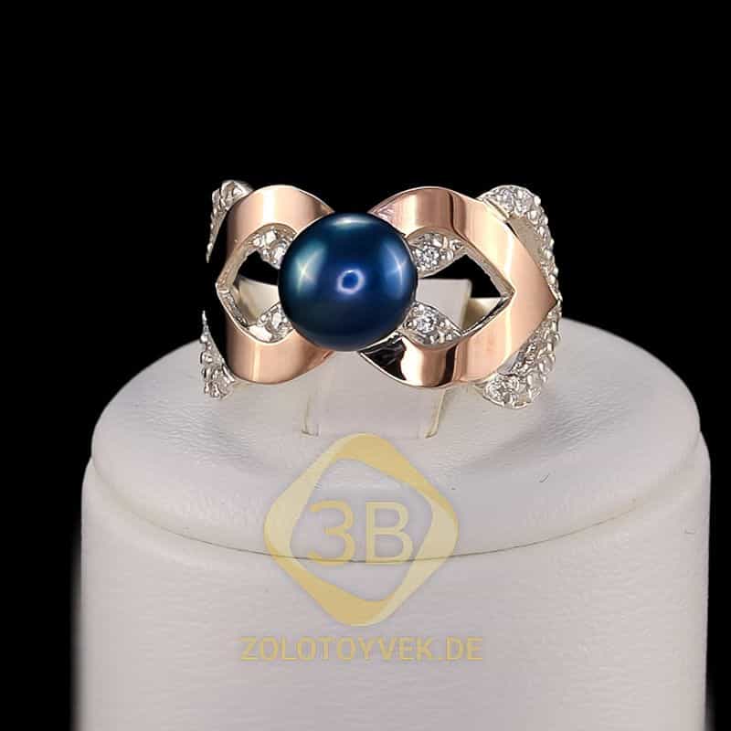 Серебряное кольцо со вставками золота, синим культивированным жемчугом и фианитами, покрытие Родий