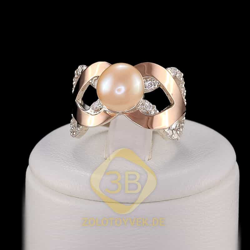 Серебряное кольцо со вставками золота, розовым культивированным жемчугом и фианитами, покрытие Родий