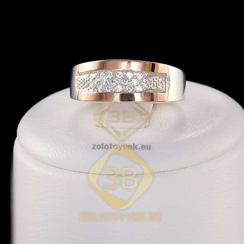 Серебряное кольцо со вставками золота и фианитами, покрытие Родий