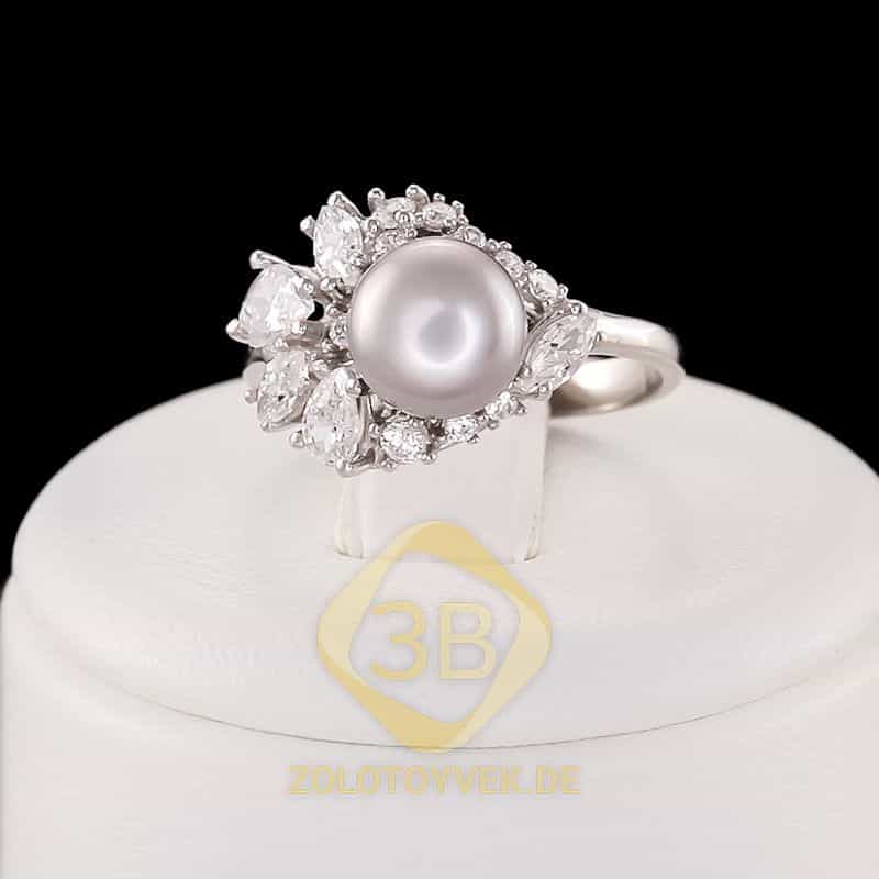 Серебряное кольцо с серебряным культивированным жемчугом и фианитами, покрытие Родий