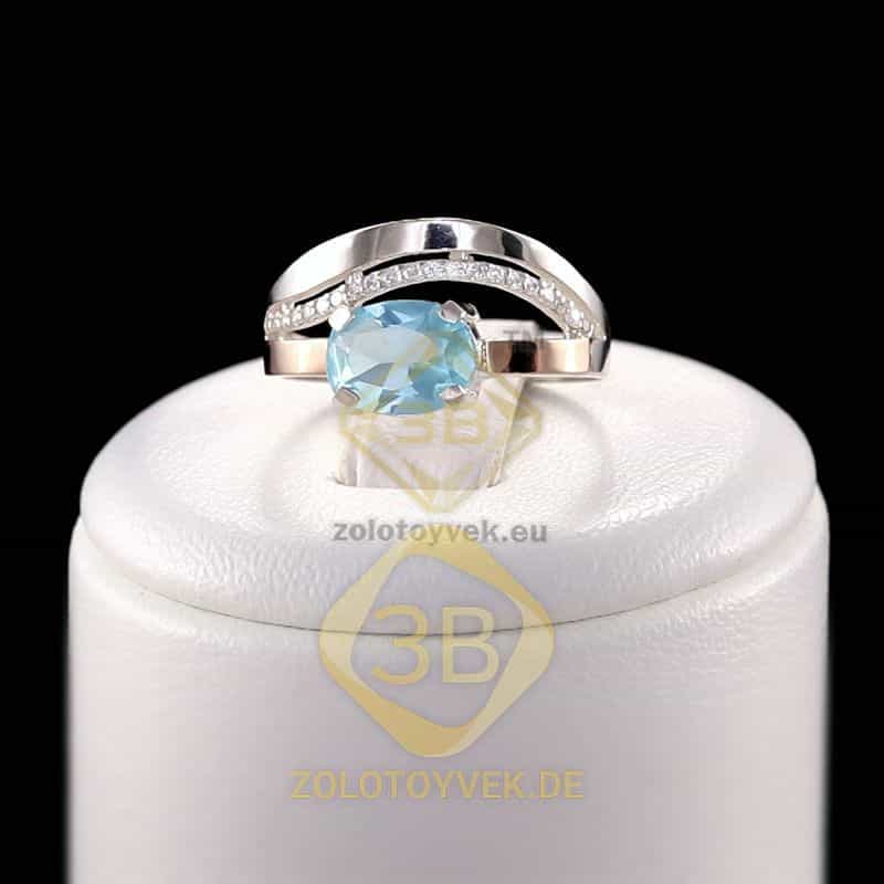 Серебряное кольцо со вставками золота, топазовым бриллианитом и фианитами, покрытие Родий